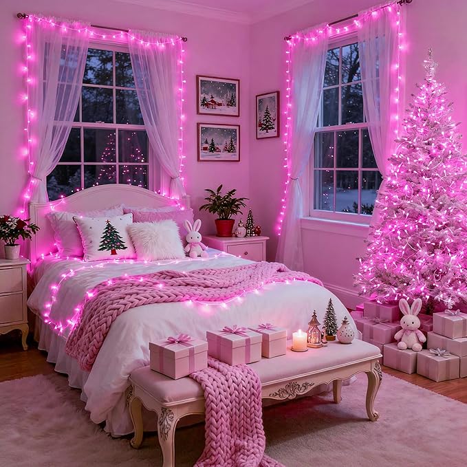 JMEXSUSS 66 Ft Connectable Pink Lights for Room Decor, 200 LED Pink String Fairy Christmas Lights Clear Wire Plug in for Bedroom Indoor Outdoor Girl's Room Home Anniversary Birthday