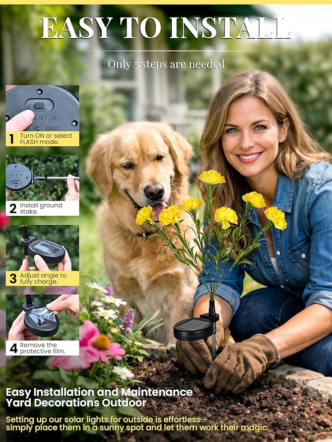 GIGALUMI Solar Lights Outdoor for Garden Decor, 4 Pack Solar Flower Lights Waterproof, 2 Lighting Modes 28 Carnation Flowers for Pathway,Yard, Patio Decoration, Gardening Gifts for Women (Yellow)