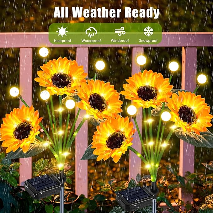 Solar Sunflower Lights 2 Pack Waterproof LED Firefly Garden Decor for Mom Grandma