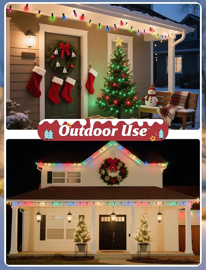 Multicolor C7 Christmas Lights, 25Ft C7 LED Outdoor String Lights with 27 Clear Multicolor Bulbs, Hanging Halloween Decorative for Indoor Outdoor Holiday Party Backyard Garden, Green Wire