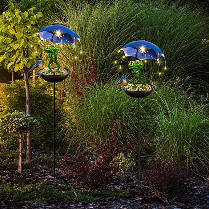 Solar Bird Feeder Frog Garden Decor, Outdoor Solar-Lights Frog Figurine Lights with Umbrella, Hummingbird-Feeder Decorative Path Lights Gardening Gifts for Women, Yard Art Ornament Bird Feeder Blue