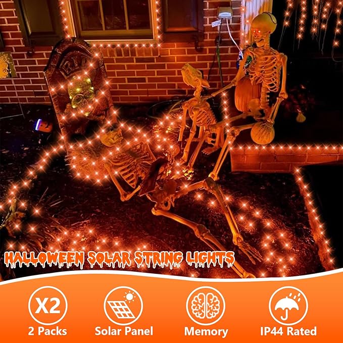 QITONG Orange Solar Christmas Lights, 2 Pack Each 66ft 200 LED Thanksgiving String Lights Outdoor Waterproof, Green Wire Twinkle Light with 8 Modes