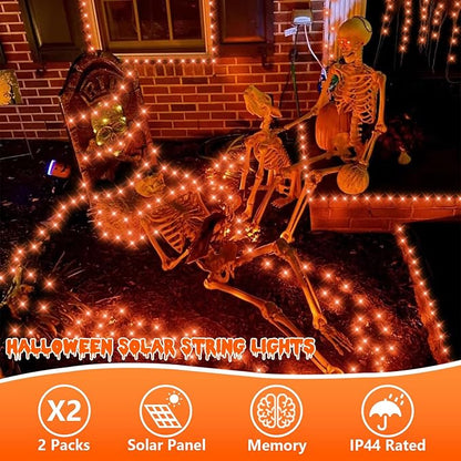 QITONG Orange Solar Christmas Lights, 2 Pack Each 66ft 200 LED Thanksgiving String Lights Outdoor Waterproof, Green Wire Twinkle Light with 8 Modes