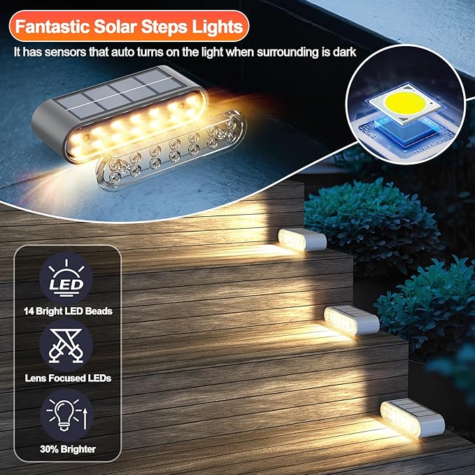 Solar Step Lights for Outside, 12-Pack Stair Light Outdoor Waterproof IP67, 14 LED Warm White Light Solar Powered | Lumora