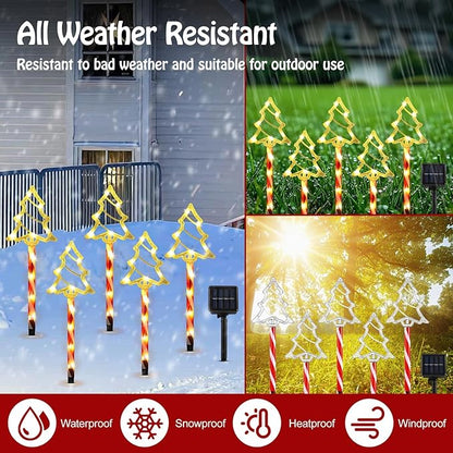 Lewondr Solar Christmas Pathway Lights, 5 PCS Solar Christmas Decorations Outdoor with 2 Lighting Modes, Clear Xmas Tree Lights with Red Pole and Garden Stake, Waterproof Garden Yard Holiday Decor