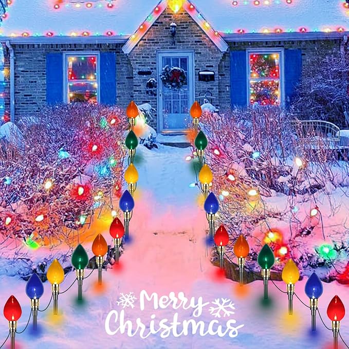 Christmas Pathway Lights Outdoor 17.3Ft 10 LED Mini Colored Bulb Lights and 10 Stakes, Connectable Driveway Christmas Light for Yard Patio Walkway Xmas Outdoor Decorations