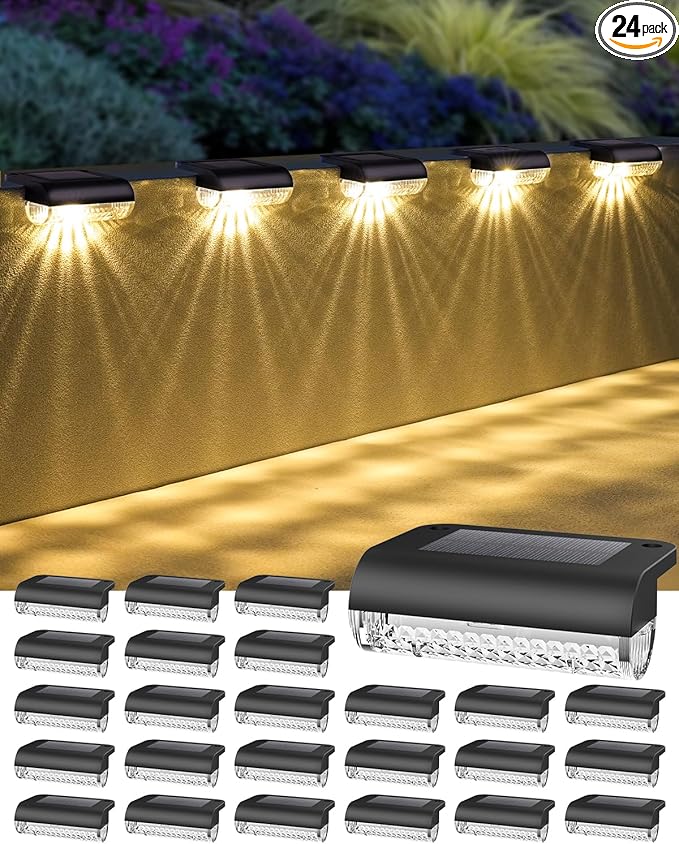 24 Pack Solar Step Lights Outdoor Stairs - Waterproof Fence Lights Auto On/Off, 3000K Warm White Solar Lights for Garden/Deck/Patio/Backyard/Balcony/Pool (2 Installation Modes)