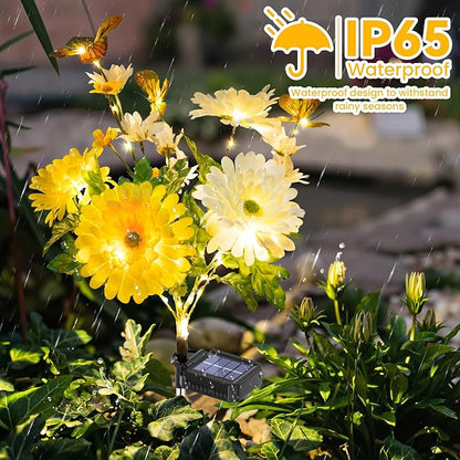 Solar Garden Light 4 Packs, 120 LEDs Outdoor Solar Lighting with Daisy and Butterfly, Waterproof Outdoor Garden Light for Patio, Courtyard, Pathway Decoration (Yellow)