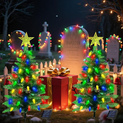 2-Pack 3.6FT Solar Christmas Tree Outdoor Christmas Decorations, 8 Modes Solar Xmas Tree Lights with 100 LED, Waterproof Solar Christmas Lights for Yard Front Porch Pathway Grave Cemetery Decor