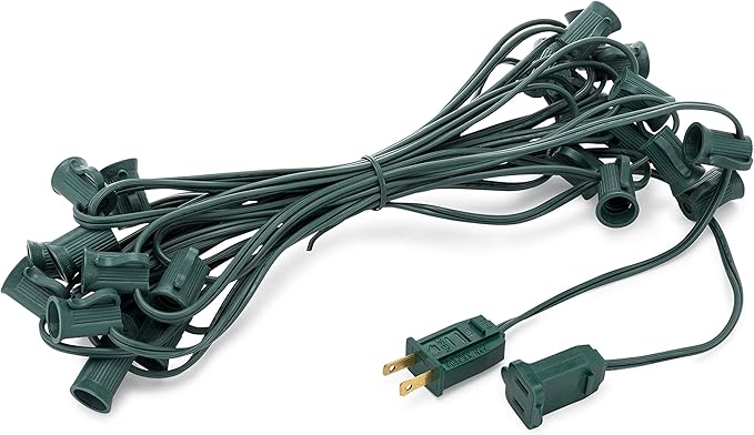 HLO Lighting C7 Light Strings | 25' Green Cord with 12" Socket Spacing, E12 Christmas Light Stringer | Lumora