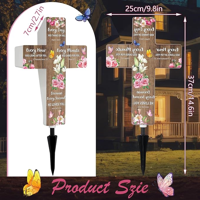 Retisee Christian Solar Cross for Cemetery Grave Garden Stake Light Decor Sympathy Memorial Gift Remembrance Biblical Religious Waterproof Light Outdoor Spring Butterfly Flower Stake for Yard Lawn