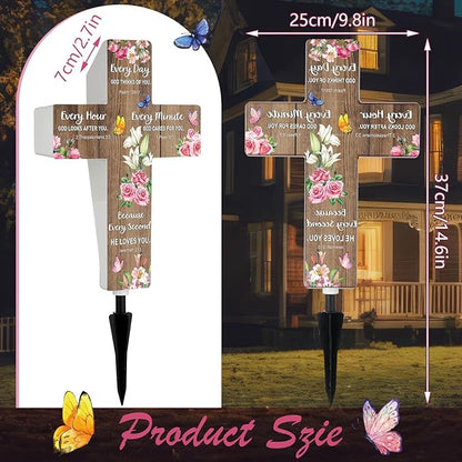 Retisee Christian Solar Cross for Cemetery Grave Garden Stake Light Decor Sympathy Memorial Gift Remembrance Biblical Religious Waterproof Light Outdoor Spring Butterfly Flower Stake for Yard Lawn