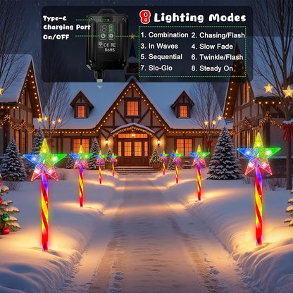 Outdoor Christmas Decorations Lights, 8 Pack RGB Solar Candy Star Path Lights with 8 Modes, Solar Christmas Lights Outdoor Waterproof, LED Xmas Outside Lights for Garden Path Yard Decor (Star)