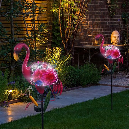 Solar Flamingo Garden Decor - Solar Pathway Lights & Stakes, Glass & Metal, Waterproof for Patio, Lawn, Courtyard