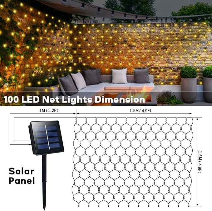 echosari Solar Net Lights Outdoor, 100 LED 5Ft x 5Ft Bush Net Light Outdoor Mesh Lights Auto On/Off 8 Modes for Tree Fence Backyard Bush Decor (Warm White)