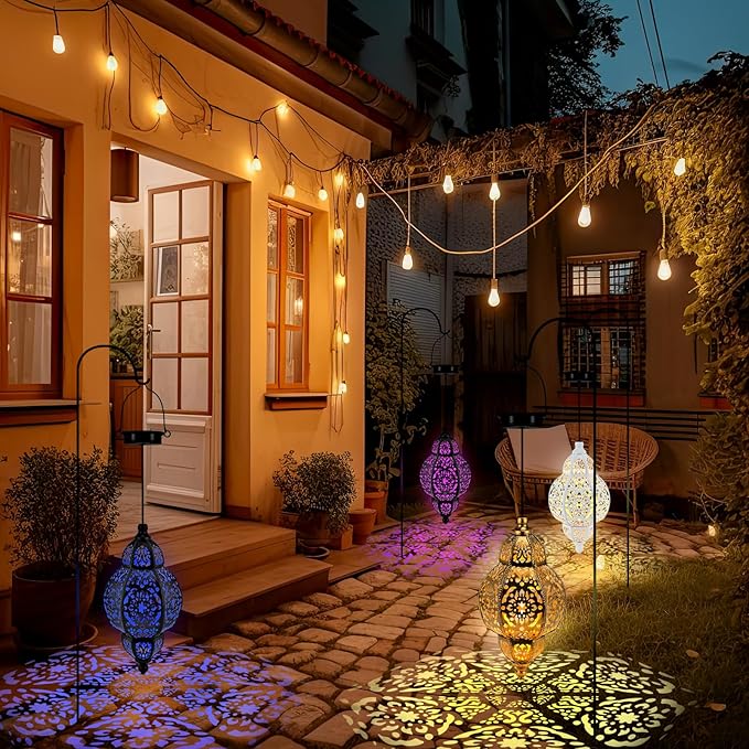 4 Pcs Hanging Solar Lights Moroccan Outdoor Decor Solar Lantern Waterproof Metal Moroccan Decorations for New Year Thanksgiving Patio Pathway Yard Porch Backyard Garden