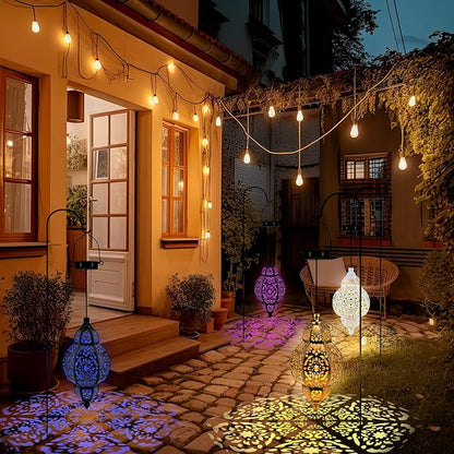 4 Pcs Hanging Solar Lights Moroccan Outdoor Decor Solar Lantern Waterproof Metal Moroccan Decorations for New Year Thanksgiving Patio Pathway Yard Porch Backyard Garden