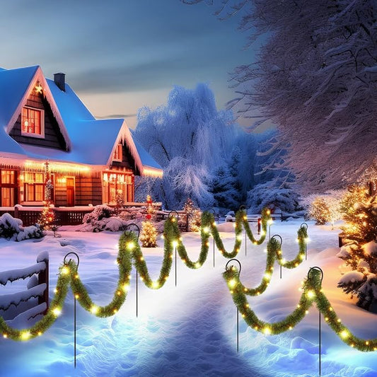 Christmas Pathway Lights Outdoor 50 ft Solar Christmas Garland Lights Outdoor with 100 LED and Walkway Stakes Pre Lit Garland Walkway Lights Decoration for Yard Lawn Garden Outdoor