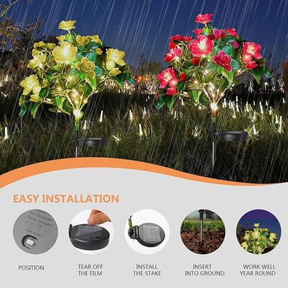 AMARS 4 Pack Solar Garden Lights Outdoor Decor, Waterproof Solar Powered Warm White Lights with Colorful Artificial Azalea Flowers for Yard, Pathway, Patio, Porch, Lawn Decorations