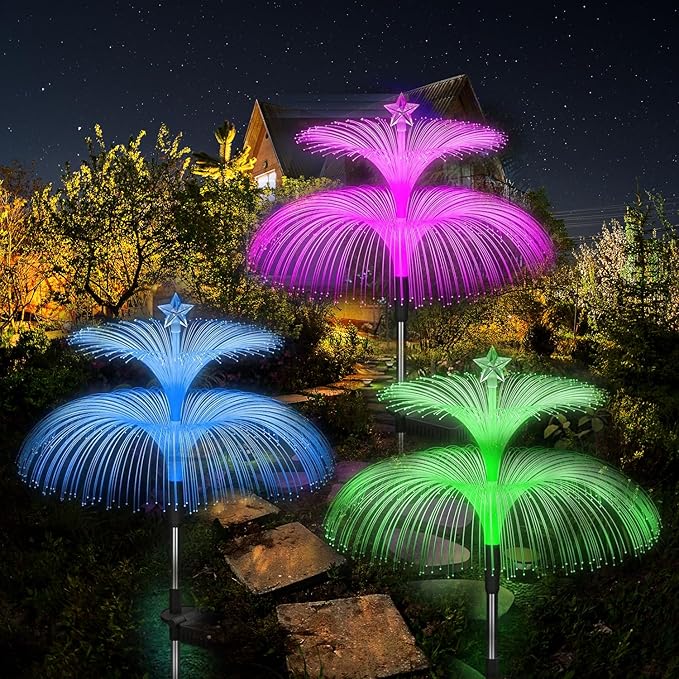 Solar Garden Lights 3 Pack Waterproof Outdoor 7 Color Changing Solar Flower Lights Double Jellyfish and Star Design Christmas Yard Garden Decor