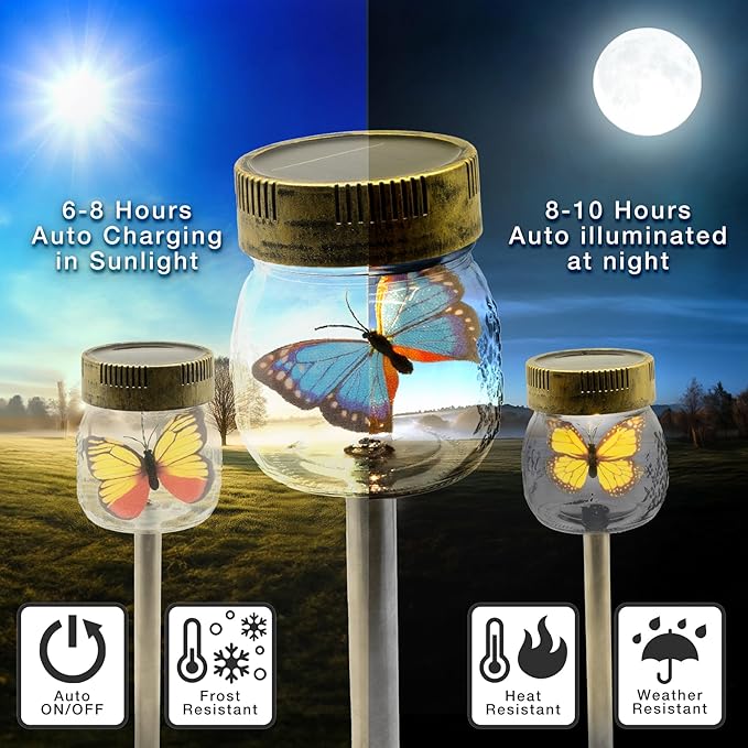 Crosslight Solar Butterfly Jar Stake Light | 3 Pack Waterproof Glass Outdoor Garden Décor | LED Decorative Light Fixture for Yard, Lawn, Backyard, Pathway | Solar Outdoor Lights Decorative