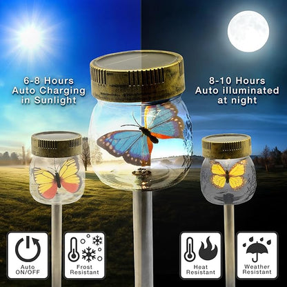 Crosslight Solar Butterfly Jar Stake Light | 3 Pack Waterproof Glass Outdoor Garden Décor | LED Decorative Light Fixture for Yard, Lawn, Backyard, Pathway | Solar Outdoor Lights Decorative