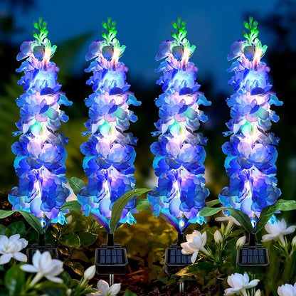 Solar Garden Lights, Solar Blue Delphinium Flowers Lights 4 Pack 80 LEDs, Waterproof Outdoor Light Two Lighting Modes for Outside Wedding Party Garden Yard Patio Lawn Decor