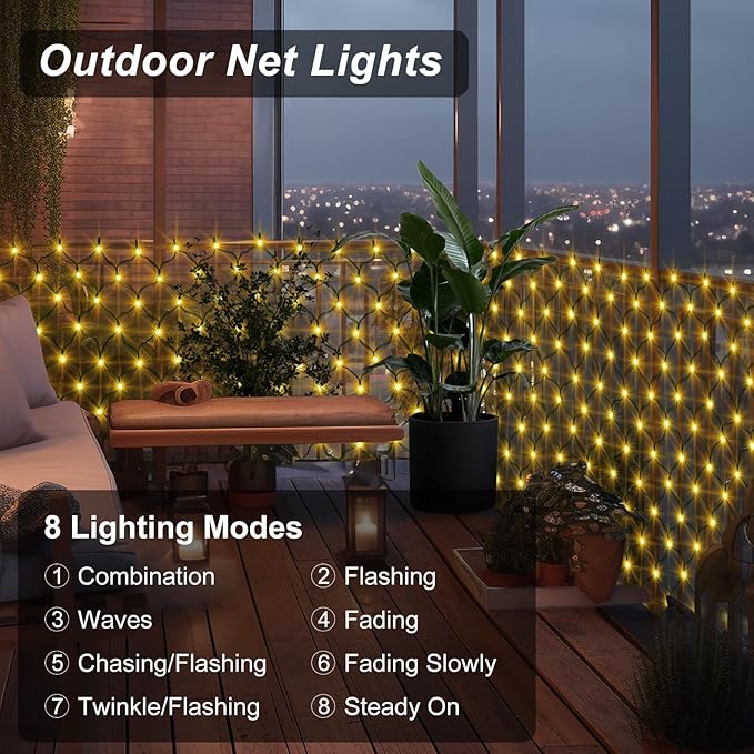 echosari Solar Net Lights Outdoor, 100 LED 5Ft x 5Ft Bush Net Light Outdoor Mesh Lights Auto On/Off 8 Modes for Tree Fence Backyard Bush Decor (Warm White)