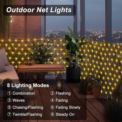 echosari Solar Net Lights Outdoor, 100 LED 5Ft x 5Ft Bush Net Light Outdoor Mesh Lights Auto On/Off 8 Modes for Tree Fence Backyard Bush Decor (Warm White)