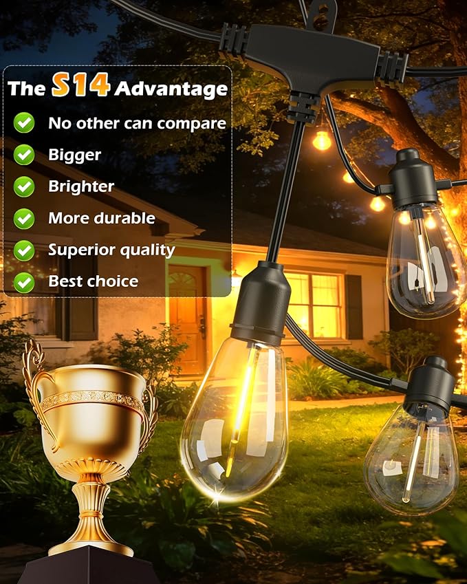 Outdoor String Lights 48 ft, LED Patio Lights with 16（15+1 Spare S14 Shatterproof Bulbs, IP 65 Waterproof, Outside Hanging Light for Cafe Bistro Backyard