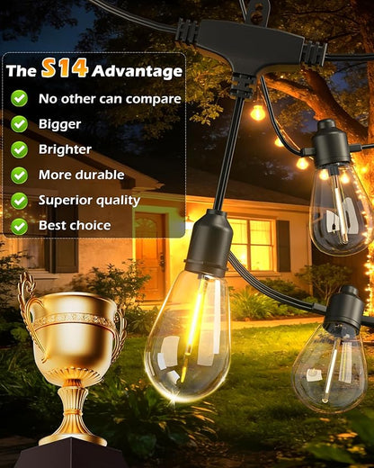 Outdoor String Lights 48 ft, LED Patio Lights with 16（15+1 Spare S14 Shatterproof Bulbs, IP 65 Waterproof, Outside Hanging Light for Cafe Bistro Backyard