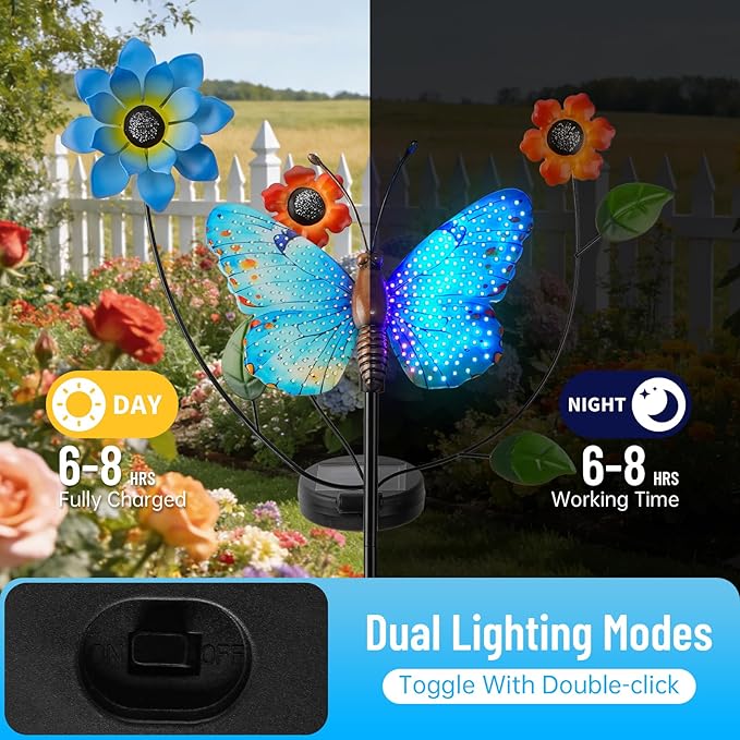 Solar Butterfly Garden Lights, 2 Lighting Modes, Colorful LED with Flower & Butterfly Decor, Waterproof Solar Stake Lights for Garden Yard Patio Lawn Pathway (Blue)