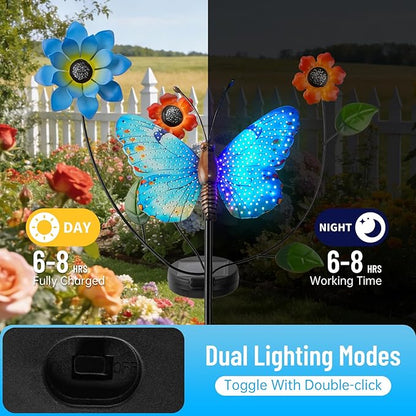 Solar Butterfly Garden Lights, 2 Lighting Modes, Colorful LED with Flower & Butterfly Decor, Waterproof Solar Stake Lights for Garden Yard Patio Lawn Pathway (Blue)