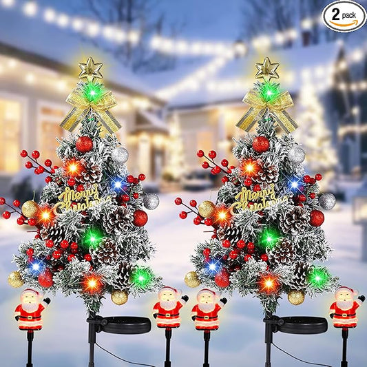 2 Packs Solar Christmas Tree - 34 Inch 40 LED Lights with 4 Glowing Mini Santas, 2 Modes, Waterproof Outdoor Solar Powered Xmas Decor for Garden Yard Pathway Lawn