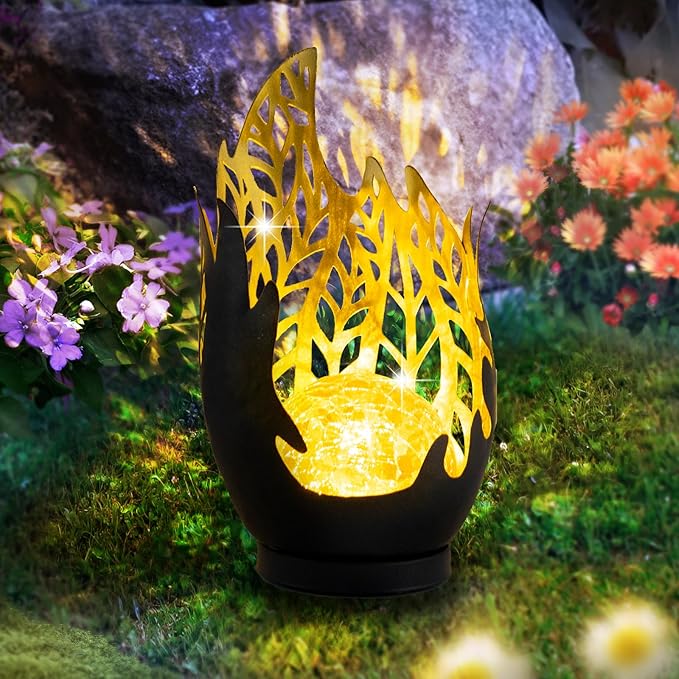 Huaxu Solar Lights Outdoor Decor Waterproof Metal Cracked Glass Globe with Gray Flame Effect, Table Decorations LED Lamp Gift for Garden Lovers Mom Women Patio Lawn Yard Pathway Outside