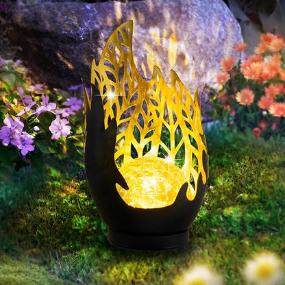 Huaxu Solar Lights Outdoor Decor Waterproof Metal Cracked Glass Globe with Gray Flame Effect, Table Decorations LED Lamp Gift for Garden Lovers Mom Women Patio Lawn Yard Pathway Outside