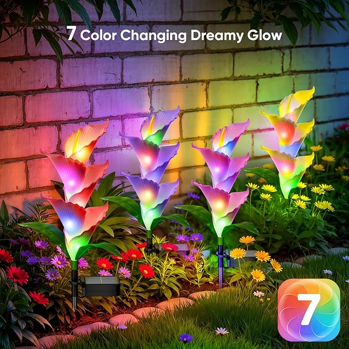 Solar Flowers Lights Outdoor: 4 Pack Color Changing Calla Lily Garden Lights for Yard Pathway Decorations - Waterproof PU LED Solar Powered - Perfect Brithday Gifts for Women Mom Grandma