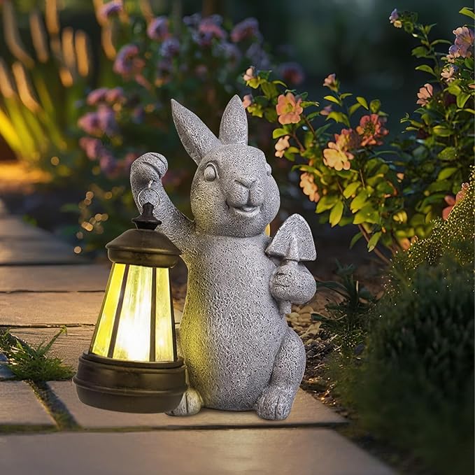 Rabbit Statue Garden Ornaments Art Outdoor Decoration with Solar Powered LED Lights Decor for Patio,Balcony,Yard, Mum Birthday Gifts, Garden Gifts for Women, Chrismtas Gifts for Mom Grandma