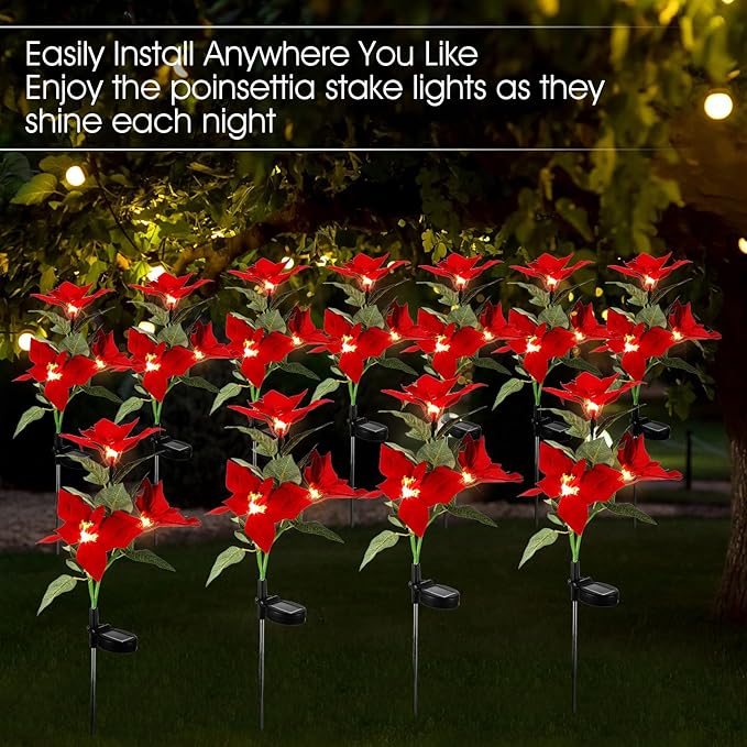 Baquler 12 Pcs Solar Poinsettia Stakes Lights, IP65 Waterproof Solar Flower Landscape Lighting Simulation LED Light Suitable for Christmas Pathway Garden Yard Lawn Outdoor Decoration