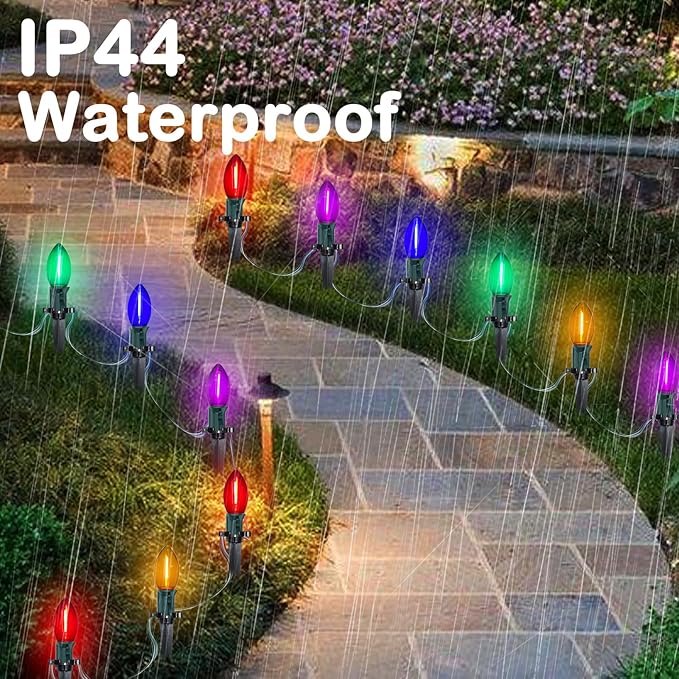 C9 LED Christmas Pathway Lights 38 Feet Outdoor String Lights with Marker Stakes, 25 LED Clear Multicolor Connectable Christmas Walkway Markers Lights for Outside Porch Garden Patio Lawn Decor