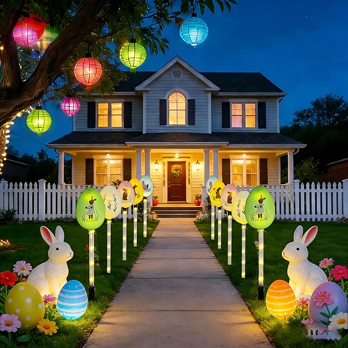 Solar Easter Bunny Egg Lights - 5 Pack Outdoor Solar Path Lights with 8 Lighting Modes, Waterproof Garden Stake Lights for Easter, Birthday, Housewarming Gifts & Outdoor Decor