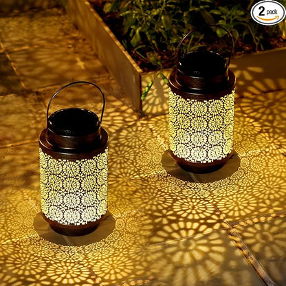 2 Pack Solar Lanterns, Outdoor Waterproof Hanging Led Lanterns, Metal Decorative Garden Lights, Solar Outdoor Lights Decor for Table Patio Yard Pathway, Bronze
