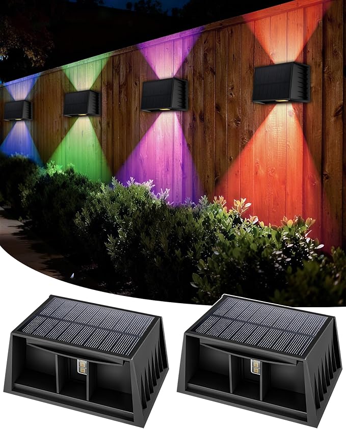 CORESLUX Solar Fence Lights Outdoor, Up and Down Outdoor Wall Lights, IP65 Waterproof Solar Fence Lights, Color Changing Outdoor Solar Lights for Backyard/Railing/Wall/Step/Patio, 2PCS