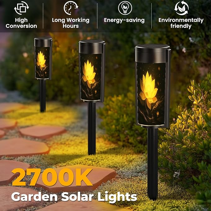 4 Pack Solar Pathway Lights Outdoor Waterproof Black Gold Lotus Flower Yellow Golden Floral Glowing Petals Sparkles Solar Garden Lights LED Landscape Lighting for Yard Walkway Lawn Garden Decor