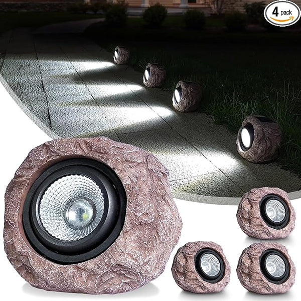 Outdoor Solar Rock Light - 4 Pack, Fake Rock IP65 Waterproof LED Super Bright Spotlight for Deck, Staircase, Woods | Lumora