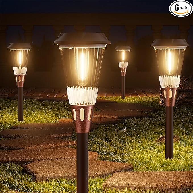6 Pack Super Bright Solar Lights Outdoor 2-in-1 Warm&Cold IP65 Waterproof,Auto On/Off 6500K,Solar Pathway Walkway Lights for Yard,Patio,Landscape,Sidewalk,Driveway,Lawn