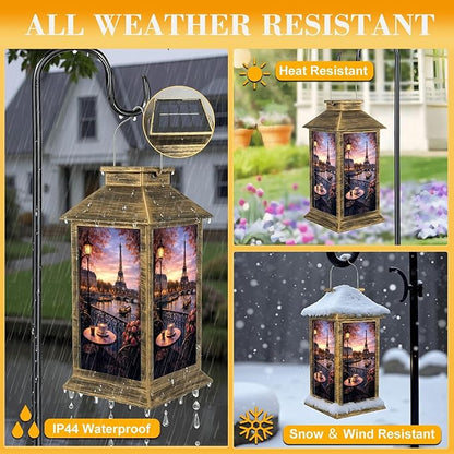 Solar Lantern Outdoor Waterproof Vintage Paris Eiffel Tower French Cityscape Cafe Decor Romantic City Garden Decor LED Solar Lights Hanging/Tabletop Lamp Gifts for Women Mom for Outside Yard Patio
