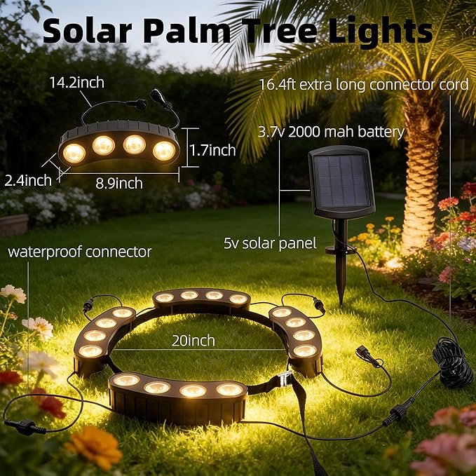 Solar Palm Tree Ring Lights Outdoor, 3-in-1 Tie/Stake/Hang Installation, Warm White 50Lumen LED Tree Uplighting | Lumora