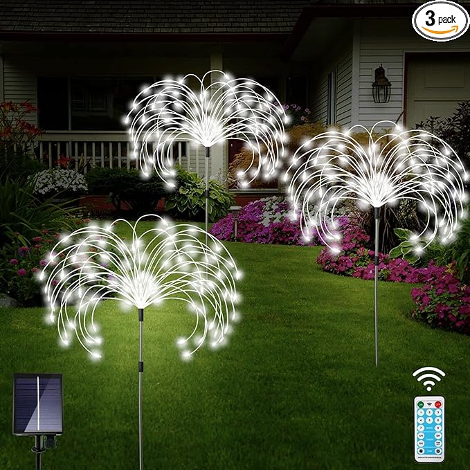 Solar Garden Lights Outdoor Decor, 3 Pack 360 LED Solar Fireworks Lights Waterproof 8 Modes Starburst Lights with Remote, Solar Flower Lights for Pathway Patio Yard Christmas Decorations(Cold White)