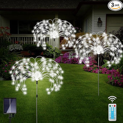 Solar Garden Lights Outdoor Decor, 3 Pack 360 LED Solar Fireworks Lights Waterproof 8 Modes Starburst Lights with Remote, Solar Flower Lights for Pathway Patio Yard Christmas Decorations(Cold White)